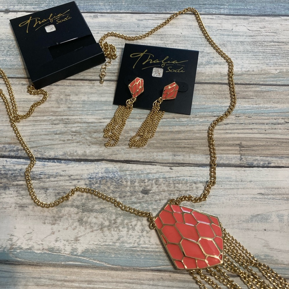 Thalia Sodi Necklace matching Earrings Set 32" Coral Enamel‎ Gold Tone Geo NWT